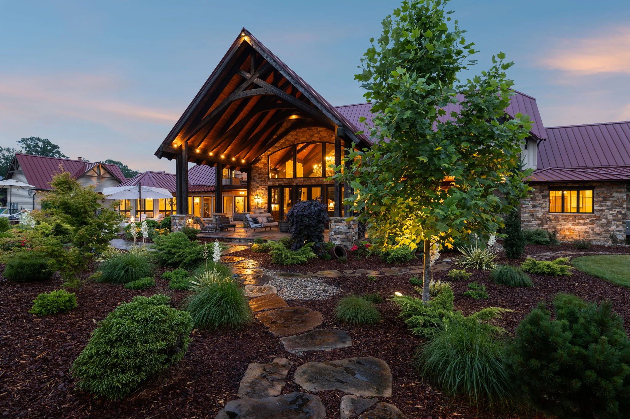 The finished backyard at dusk